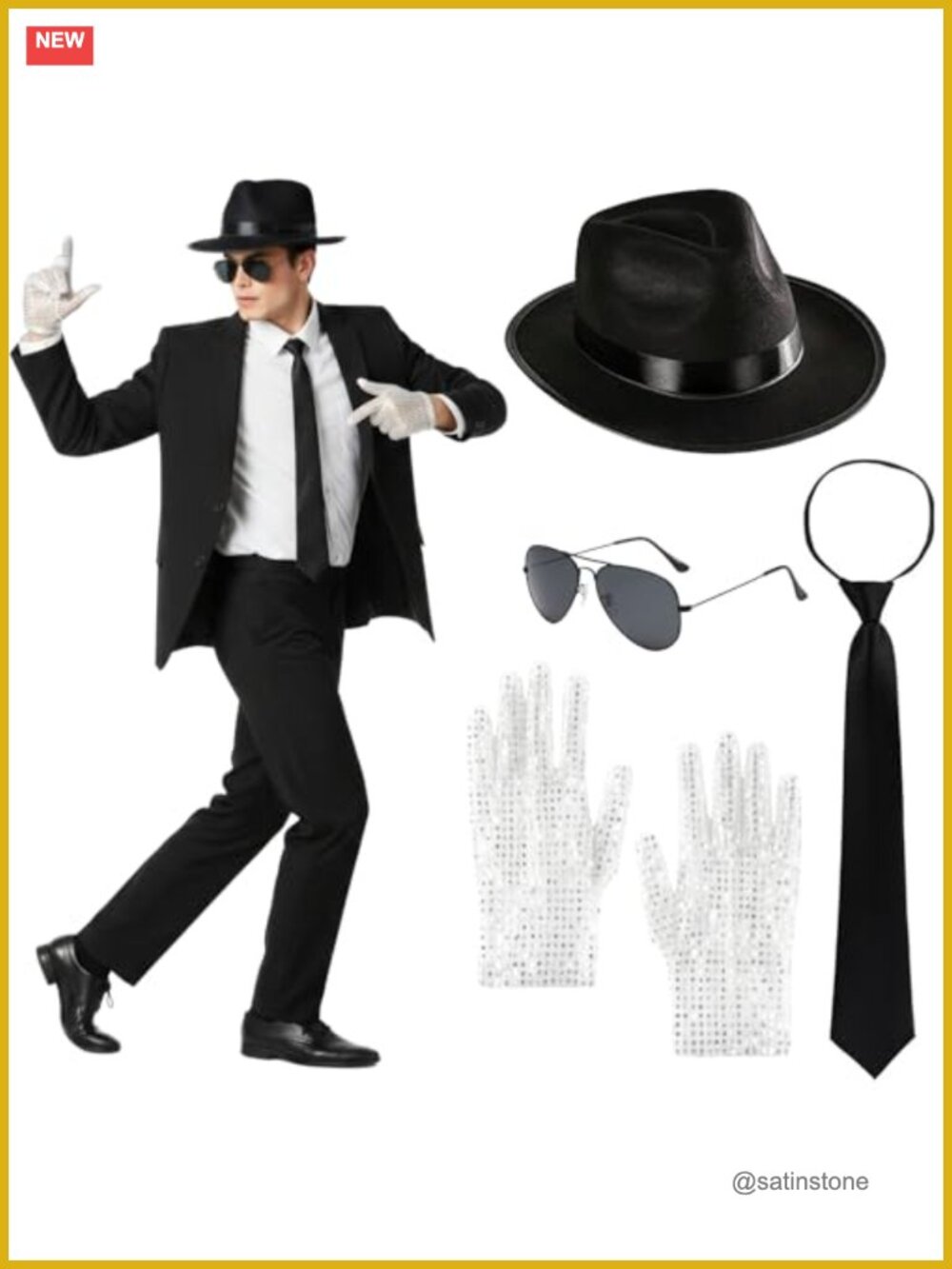 80s Pop Star Costume Set Jazz Fedora Hat Sequin Gloves Aviator Shades Tie
